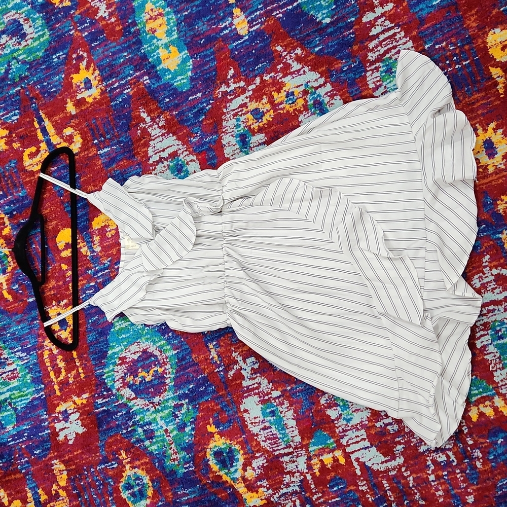 White with black pin striped dress, M